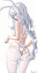 Rule 34 | 1girl, absurdres, ahoge, animal ear fluff, animal ears, anti kumo, ass, ass cutout, azur lane, back, bare arms, bare back, blush, braid, braided ponytail, breasts, butt crack, clothing cutout, fake animal ears, fake tail, frills, from behind, grey eyes, highres, le malin (azur lane), le malin (listless lapin) (azur lane), leotard, long hair, looking at viewer, looking back, md5 mismatch, medium breasts, official alternate costume, pantyhose, playboy bunny, rabbit ears, rabbit tail, resolution mismatch, sidelocks, simple background, skindentation, solo, source smaller, tail, thigh strap, white background, white hair, white leotard, white pantyhose, wristband