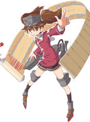 Rule 34 | 10s, 1girl, black socks, brown eyes, brown hair, brown skirt, full body, japanese clothes, kantai collection, kariginu, kneehighs, kotentsu, loafers, long hair, looking at viewer, machinery, magatama, onmyouji, outstretched hand, pleated skirt, pointing, ryuujou (kancolle), scroll, shoes, simple background, skirt, socks, solo, twintails, visor cap, white background
