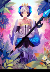 Rule 34 | 1girl, armor, armored dress, bad id, bad pixiv id, blunt bangs, choker, cocorip, crown, dress, flower, forest, gwendolyn (odin sphere), hair ornament, leaf, littlevein89, nature, odin sphere, polearm, pteruges, purple eyes, solo, spear, strapless, strapless dress, tiara, weapon, white hair