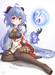 Rule 34 | 1girl, absurdres, ahoge, bare shoulders, bell, black gloves, blue hair, blush, breasts, brown pantyhose, chinese knot, dated, detached sleeves, feet, flower knot, ganyu (genshin impact), genshin impact, gloves, gold trim, highres, horns, hoshitsuki higan, long hair, looking at viewer, medium breasts, neck bell, no shoes, open mouth, orb, pantyhose, purple eyes, qilin (mythology), sidelocks, signature, sitting, solo, tassel, thighlet, thighs, toes, vision (genshin impact), white sleeves, yokozuwari