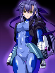 Rule 34 | 00s, 1girl, armor, aura, blue hair, bodysuit, breasts, clenched hands, cowboy shot, cropped jacket, dark persona, facial mark, faulds, ginga nakajima, gloves, glowing, gradient background, hair between eyes, hair ribbon, jacket, long hair, looking at viewer, lyrical nanoha, magical girl, mahou shoujo lyrical nanoha, mahou shoujo lyrical nanoha strikers, open clothes, open jacket, outline, puffy short sleeves, puffy sleeves, purple hair, revolver knuckle, ribbon, sen (sansui), serious, shiny skin, short sleeves, solo, standing, taut clothes, thigh gap, turtleneck, vambraces, very long hair, yellow eyes