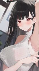 Rule 34 | 1girl, absurdres, arm up, armpits, bare shoulders, black hair, blue archive, blush, breasts, hair ornament, hairclip, halo, highres, kaa-san, large breasts, long hair, looking at viewer, red eyes, rio (blue archive), solo, very long hair