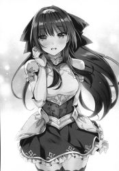 Rule 34 | 1girl, :d, armor, breasts, cowboy shot, floating hair, frilled skirt, frills, greyscale, hairband, hand in own hair, highres, long hair, looking at viewer, medium breasts, miniskirt, monochrome, novel illustration, official art, open mouth, pauldrons, riv (rivleaf), scan, seirei gensouki, shoulder armor, skirt, smile, solo, standing, sumeragi satsuki, thighhighs, very long hair, zettai ryouiki