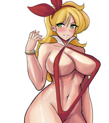 Rule 34 | 1girl, blonde hair, blush, bracelet, breasts, cosplay, curly hair, donburi (donburikazoku), dragon ball, green eyes, hair ornament, hairband, highres, jewelry, large breasts, long hair, looking at viewer, lunch (bad) (dragon ball), lunch (dragon ball), navel, simple background, slingshot swimsuit, smile, solo, standing, swimsuit, transparent background, vampirella, vampirella (character), vampirella (character) (cosplay), white background