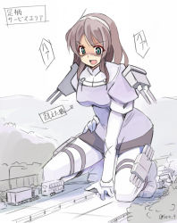 Rule 34 | 1girl, ashigara (kancolle), black skirt, blouse, boots, breasts, brown hair, cannon, elbow gloves, fake horns, forest, giant, giantess, gloves, grey eyes, hairband, hand on own hip, highway, horned headwear, horns, kantai collection, kneeling, long hair, motor vehicle, mountain, nature, outdoors, pantyhose, sailor collar, scenery, semi truck, seo tatsuya, shirt, sign, skirt, torpedo tubes, tree, truck, turret, uniform, wavy hair, white gloves