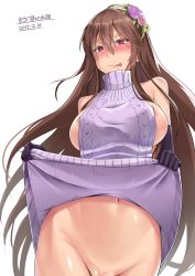 Rule 34 | 10s, 1girl, 2017, :p, bare shoulders, black gloves, blush, breasts, brown hair, dated, elbow gloves, flower, gloves, granblue fantasy, groin, hair flower, hair ornament, heart, heart-shaped pupils, highres, huge breasts, long hair, looking at viewer, meme attire, navel, nipple slip, nipples, no bra, no panties, pussy, rosetta (granblue fantasy), saliva, sideboob, simple background, smile, solo, surock, symbol-shaped pupils, tongue, tongue out, twitter username, virgin killer sweater, white background