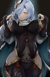 Rule 34 | 1girl, absurdres, blue eyes, blue hair, blue nails, bodysuit, braid, breasts, bridal gauntlets, cape, chark14, chinese clothes, closed mouth, clothes lift, clothing cutout, commentary, covered erect nipples, covered navel, cowboy shot, detached sleeves, english commentary, genshin impact, gold trim, groin, hair ornament, hair over one eye, highres, hip vent, large breasts, lifting own clothes, light blue hair, long hair, looking to the side, low-braided long hair, low-tied long hair, nail polish, shenhe (genshin impact), shirt lift, signature, silver hair, solo, tassel