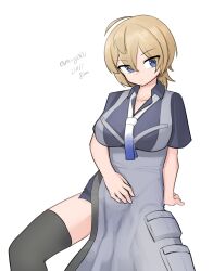 Rule 34 | 1girl, absurdres, ahoge, black thighhighs, blonde hair, blue eyes, blue shirt, breasts, collared shirt, dress shirt, feet out of frame, gradient neckerchief, grey shirt, highres, invisible chair, kantai collection, large breasts, maru (marg0613), military uniform, one-hour drawing challenge, shirt, short hair, side slit, simple background, sitting, solo, thighhighs, tuscaloosa (kancolle), uniform, white background