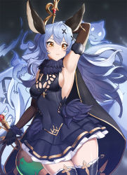 Rule 34 | 1girl, animal ears, arm behind head, armpits, blue dress, blue hair, breasts, cowboy shot, curly hair, dress, elbow gloves, erune, expressionless, ferry (granblue fantasy), fugee (granblue fantasy), ghost, gloves, gooak, granblue fantasy, hair ornament, holding, holding whip, long hair, looking at viewer, medium breasts, momo (granblue fantasy), nicola (granblue fantasy), solo, thighhighs, very long hair, x hair ornament, yellow eyes