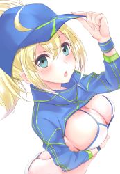 Rule 34 | 1girl, absurdres, ahoge, arm under breasts, artoria pendragon (fate), ass, baseball cap, bikini, blonde hair, blue eyes, blue hat, blush, breasts, cleavage, commentary request, fate/grand order, fate (series), from above, hair between eyes, hair through headwear, hand on headwear, hat, highres, large breasts, looking at viewer, looking up, mysterious heroine x (fate), mysterious heroine xx (fate), parted lips, ponytail, shrug (clothing), simple background, solo, swimsuit, toratora (nanahaba), white background, white bikini