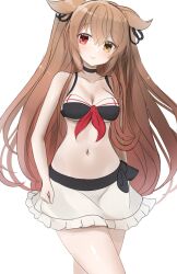 Rule 34 | 1girl, adapted costume, bikini, bikini skirt, black bikini, breasts, brown eyes, choker, cleavage, frilled skirt, frills, front-tie bikini top, front-tie top, hair flaps, heterochromia, highres, kantai collection, light brown hair, long hair, looking at viewer, medium breasts, murasame (kancolle), murasame kai ni (kancolle), navel, official alternate costume, red eyes, redundant-cat, simple background, skirt, solo, swimsuit, two side up, white background, white skirt