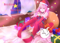 Rule 34 | 10s, 1girl, absurdres, bad id, bad pixiv id, bare shoulders, blush, breasts, detached sleeves, fyu-neru, guilty crown, hair ornament, hairclip, happy new year, hat, highres, long hair, looking at viewer, merry christmas, nail polish, new year, pink hair, red eyes, santa hat, solo, thighhighs, twintails, xiao miao, yuzuriha inori