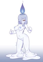 Rule 34 | 1girl, blue skin, blush, breasts, closed mouth, colored skin, completely nude, creatures (company), game freak, gen 5 pokemon, grey hair, hair over one eye, kionant, litwick, looking at viewer, medium breasts, melting, monster girl, nintendo, nipples, nude, one eye covered, orange eyes, personification, pokemon, pokemon (creature), pussy, signature, slime girl, smile, solo, uncensored, white background