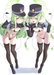 Rule 34 | 2girls, absurdres, bikini, black bikini, black footwear, black hat, black jacket, black tail, black thighhighs, blue archive, blush, cake walker, demon tail, earrings, full body, gloves, gluteal fold, green hair, green halo, groin, halo, hat, highres, hikari (blue archive), jacket, jewelry, long hair, long sleeves, looking at viewer, multiple girls, navel, nozomi (blue archive), open mouth, parted lips, peaked cap, pointy ears, shoes, siblings, simple background, sisters, smile, swimsuit, tail, thighhighs, twins, twintails, white background, white gloves, yellow eyes