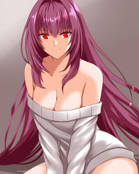 Rule 34 | 1girl, bare shoulders, breasts, cleavage, engo (aquawatery), fate/grand order, fate (series), hair intakes, highres, large breasts, long hair, off-shoulder sweater, off shoulder, purple hair, red eyes, ribbed sweater, scathach (fate), simple background, smile, solo, sweater, white sweater