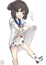Rule 34 | 1girl, animal print, black hair, blue eyes, blue sailor collar, bob cut, cat, clothes lift, commentary request, cow print, daitou (kancolle), dress, dress lift, high ponytail, kantai collection, lifted by self, one-hour drawing challenge, sailor collar, sailor dress, short hair, short sleeves, shorts, shorts under dress, sidelocks, socks, solo, translation request, white dress, white socks, yamashichi (mtseven)