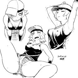 Rule 34 | 1girl, armpits, baseball cap, blush, breasts, closed mouth, creatures (company), dated, game freak, greyscale, hat, monochrome, nintendo, one eye closed, open mouth, panties, pokemon, pokemon sm, punk girl (pokemon), short hair, signature, simple background, solo, striped clothes, striped panties, tank top, tsukudani (coke-buta), underwear, white background
