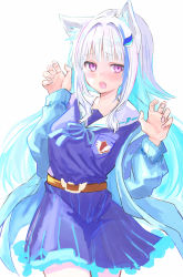 Rule 34 | 1girl, absurdres, animal ears, blue coat, blue dress, blue ribbon, blush, cat ears, cat girl, claw pose, coat, colored inner hair, dress, fang, hands up, highres, lize helesta, long hair, long sleeves, looking at viewer, multicolored hair, neck ribbon, nijisanji, off-shoulder coat, off shoulder, open mouth, pleated dress, purple eyes, ribbon, ruwo benzen, sailor collar, sailor dress, sidelocks, silver hair, solo, streaked hair, very long hair, virtual youtuber, white sailor collar