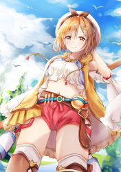 Rule 34 | 1girl, absurdres, animal, arm behind head, atelier (series), atelier ryza, atelier ryza 1, bare shoulders, belt, belt buckle, beret, bird, blue belt, blue sky, blush, breasts, brown belt, brown eyes, brown hair, buckle, closed mouth, cloud, cloudy sky, commentary request, day, drawstring, dutch angle, flask, gluteal fold, hair between eyes, hair ornament, hairclip, hat, highres, hood, hood down, hooded jacket, jacket, medium breasts, midriff, mutang, navel, open clothes, open jacket, outdoors, red shorts, reisalin stout, round-bottom flask, shirt, short shorts, shorts, sky, sleeveless, sleeveless jacket, smile, solo, thighhighs, vial, white hat, white shirt, white thighhighs, yellow jacket