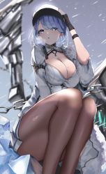 Rule 34 | 1girl, azur lane, black gloves, blue eyes, blue hair, blush, breasts, chain, chapayev (azur lane), commentary request, ekaki no mime, gloves, hair ornament, hairclip, hat, highres, jacket, large breasts, looking at viewer, military hat, mole, mole on breast, pantyhose, peaked cap, shiny clothes, short hair, snowing, solo, white hat, white jacket