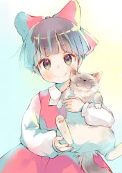 Rule 34 | 1girl, animal, animal focus, animal hug, blue background, blush, bow, cat, closed mouth, collared shirt, commentary request, dress, gegege no kitarou, gradient background, hair bow, head tilt, holding, holding animal, holding cat, kuga tsukasa, long sleeves, looking at viewer, multicolored background, nekomusume, purple eyes, purple hair, red bow, red dress, shirt, short eyebrows, short hair, slit pupils, smile, solo, two-tone background, white background, white shirt, wing collar, yellow background