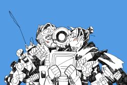 Rule 34 | 1girl, 2boys, apex legends, bisexual male, blue background, blush, bodysuit, boy and girl sandwich, breasts, bug (silkworm hnw), clenched hands, closed eyes, goggles, goggles on head, greyscale with colored background, hair bun, humanoid robot, kiss, kissing cheek, medium breasts, mirage (apex legends), multiple boys, pathfinder (apex legends), robot, sandwiched, scarf, single hair bun, smile, spot color, wraith (apex legends)