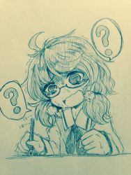 Rule 34 | 1girl, ?, @ @, ahoge, animal ears, breath, commentary request, efukei, holding, holding pencil, long sleeves, low twintails, monochrome, neckerchief, one-hour drawing challenge, open mouth, pencil, school uniform, solo, speech bubble, spoken question mark, sweat, nervous sweating, tearing up, tears, touhou, traditional media, trembling, turn pale, twintails, upper body, usami sumireko