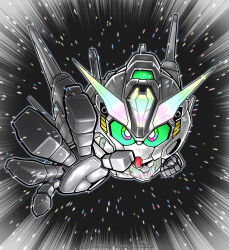 Rule 34 | absurdres, artist name, chibi, colored sclera, commentary request, dark background, english text, glowing, green sclera, gundam, gundam calibarn, gundam suisei no majo, highres, light particles, looking at viewer, mecha, multicolored eyes, no humans, parody, rainbow eyes, reaching, reaching towards viewer, robot, sd gundam, solo, tomutamo, ultra series, v-fin, watermark