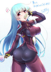 Rule 34 | 1girl, arm up, ass, backless pants, bad anatomy, blue hair, blush, breasts, c.r., candy, dripping, food, from behind, gloves, gradient hair, huge ass, impossible clothes, jacket, kula diamond, large breasts, lollipop, long hair, long sleeves, looking at viewer, looking back, multicolored hair, musical note, pants, popsicle, quaver, red eyes, skin tight, solo, speech bubble, spoken musical note, text focus, the king of fighters, the king of fighters xiv, tongue, tongue out