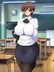 Rule 34 | 1girl, artist request, blue eyes, breasts, brown hair, classroom, confused, curvy, highres, large breasts, mature female, pantyhose, partially opened mouth, pencil skirt, school, shiny clothes, short hair, skin tight, skirt, solo, tagme, teacher, thick thighs, thighs