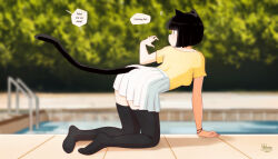 Rule 34 | 1girl, all fours, animal ears, black hair, black thighhighs, breasts, cat ears, cat girl, cat tail, clothing cutout, english text, highres, little viktoria, looking back, miniskirt, no shoes, original, outdoors, pleated skirt, pool, shirt, short hair, skirt, solo, speech bubble, tail, tail through clothes, thighhighs, white shirt, white skirt, yellow shirt