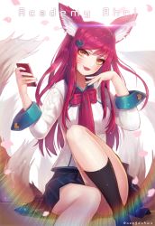 Rule 34 | 1girl, academy ahri, ahri (league of legends), animal ears, bad id, bad pixiv id, black thighhighs, breasts, cellphone, facial mark, fang, fangs, female focus, fox ears, fox tail, hair ornament, hairclip, hanato (seonoaiko), happy, heart, heart hair ornament, league of legends, long hair, looking at viewer, multiple tails, open mouth, phone, red hair, ribbon, sakura, school uniform, skirt, solo, tail, thighhighs, whisker markings, yellow eyes