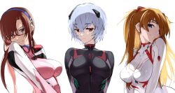 Rule 34 | 3girls, arms behind back, ayanami rei, blonde hair, blue eyes, blue hair, blue hairband, breasts, brown hair, closed mouth, collarbone, covered collarbone, evangelion: 3.0+1.0 thrice upon a time, glasses, hairband, highres, impossible clothes, kei (soundcross), large breasts, light blue hair, long hair, makinami mari illustrious, medium breasts, multiple girls, neon genesis evangelion, parted lips, plugsuit, rebuild of evangelion, red-framed eyewear, red eyes, short hair, simple background, smile, souryuu asuka langley, turtleneck, upper body, white background