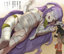 Rule 34 | 1boy, 2girls, all fours, bandages, bandage over one eye, black gloves, black hair, black skirt, braid, brown hair, closed eyes, fate/extra, fate/extra ccc, fate/extra ccc fox tail, fate/grand order, fate (series), florence nightingale (fate), fujimaru ritsuka (male), giant, giantess, gloves, kaita (mokamilkcup), kingprotea (fate), long hair, lying, moss, multiple girls, on back, on ground, open mouth, purple hair, short hair, size difference, skirt, very long hair, white gloves