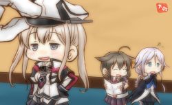 Rule 34 | 3girls, :d, admiral (kancolle), ahoge, black gloves, black skirt, blue eyes, blue neckerchief, braid, brown hair, chibi, closed eyes, commentary request, elbow gloves, flying sweatdrops, gloves, graf zeppelin (kancolle), grey eyes, hair flaps, hair ornament, hand on own hip, hat, high collar, holding, jacket, jitome, kantai collection, long hair, long sleeves, mini person, minigirl, multiple girls, neckerchief, open mouth, peaked cap, pleated skirt, puffy short sleeves, puffy sleeves, purple hair, remodel (kantai collection), shigure (kancolle), short sleeves, signature, single braid, skirt, smile, taisa (kari), twintails, umikaze (kancolle)