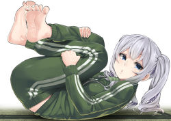 Rule 34 | 1girl, barefoot, blue eyes, chestnut mouth, commentary request, feet, fingernails, from side, full body, hugging own legs, ifuji shinsen, jacket, kantai collection, kashima (kancolle), legs up, long hair, long sleeves, looking at viewer, lying, on back, open mouth, pants, sidelocks, silver hair, solo, tatami, toes, track jacket, track pants, track suit, twintails, zipper