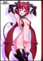 Rule 34 | 1girl, aida kan mori, armpits, arms up, black gloves, black thighhighs, breasts, commentary request, demon girl, demon tail, demon wings, elbow gloves, fangs, gloves, highres, horns, looking at viewer, medium breasts, navel, original, pubic tattoo, red eyes, red hair, short hair, slingshot swimsuit, smile, solo, swimsuit, tail, tattoo, thighhighs, wings
