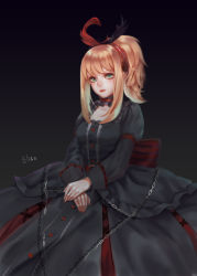 Rule 34 | 1girl, absurdres, black dress, blonde hair, bow, chain, character name, choker, commentary, dress, elyse (sound horizon), green eyes, hairband, highres, lace trim, long hair, long sleeves, looking at viewer, maerchen (album), nail polish, ponytail, red bow, red lips, red nails, riyu (gauzama), sidelocks, smile, solo, sound horizon, striped, striped bow