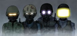 Rule 34 | 4boys, counter-strike, counter-strike (series), gas mask, glowing, glowing eyes, gradient background, grey background, helmet, highres, hiroei-pulps, insignia, male focus, mask, military, military uniform, multiple boys, police, radio, soldier, standing, uniform, upper body, urban