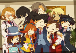 Rule 34 | ace attorney, adjusting eyewear, apollo justice, athena cykes, black hair, blonde hair, blue eyes, blue hat, blue necktie, blush, bobby fulbright, brown eyes, brown hair, cape, clay terran, closed eyes, collared shirt, crossed arms, dark skin, earrings, everyone, feathers, formal, glasses, gloves, grey hair, grin, hair between eyes, hand on own hip, hat, jacket, jewelry, kamikaze0211, klavier gavin, lapel pin, long hair, long sleeves, looking at another, magician, miles edgeworth, mouth hold, multicolored hair, multiple boys, multiple girls, necklace, necktie, open mouth, pants, phoenix wright, phoenix wright: ace attorney - dual destinies, ponytail, red necktie, red scarf, robot, scarf, shirt, short hair, side ponytail, sideburns, simon blackquill, single glove, skirt, sleeves rolled up, smile, suit, sunglasses, teeth, top hat, trucy wright, two-tone hair, vest, visor cap, white gloves, white hair