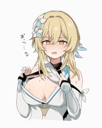Rule 34 | 1girl, @ @, bare shoulders, blonde hair, breasts, bridal gauntlets, cleavage, dress, flower, genshin impact, gloves, highres, hot, kuromu shado, large breasts, lumine (genshin impact), medium hair, open mouth, partially fingerless gloves, solo, sweat, white background, white dress, white flower