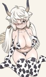 Rule 34 | 1girl, acesrulez, animal ears, animal print, bikini, black horns, blush, breasts, brown eyes, brown ribbon, cleavage, cow print, cow print bikini, cow print gloves, cow print thighhighs, cow tail, elbow gloves, extra ears, gloves, grey horns, hair over one eye, highres, horns, kemono friends, kemono friends 3, large breasts, long hair, looking at viewer, multicolored horns, ox ears, ox girl, ox horns, print bikini, print gloves, print thighhighs, ribbon, smile, solo, swimsuit, tail, thighhighs, twintails, very long hair, white hair, yak (kemono friends)