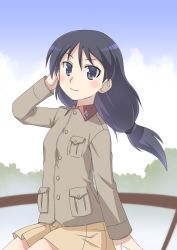 Rule 34 | 1girl, black eyes, black hair, blue sky, brown jacket, chi-hatan military uniform, closed mouth, cloud, cloudy sky, commentary request, day, girls und panzer, hair tie, hand in own hair, highres, jacket, kubota rin, long hair, long sleeves, looking at viewer, low-tied long hair, military, military uniform, miniskirt, on vehicle, one-hour drawing challenge, osamada meika, outdoors, partial commentary, pleated skirt, sitting, skirt, sky, smile, solo, uniform, wind, yellow skirt
