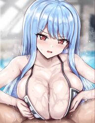 Rule 34 | 1boy, 1girl, blue hair, blush, breast hold, breasts, cleavage, dolphin wave, huge breasts, long hair, looking at viewer, nayuki hiori, open mouth, paizuri, pool, r-binon, red eyes, sweat, very long hair