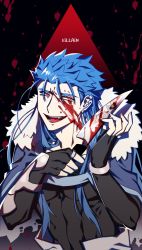 Rule 34 | 1boy, archer (fate), archer alter (fate), arm guards, bad id, bad twitter id, black background, black shirt, blood, blood on face, bloody knife, blue hair, bracelet, capelet, commentary request, cu chulainn (caster) (fate), cu chulainn (fate), dol ishi, earrings, english text, fangs, fangs out, fate/grand order, fate (series), fur-trimmed hood, fur trim, gloves, hair strand, highres, holding, holding knife, hood, hooded capelet, jewelry, knife, korean commentary, long hair, looking at viewer, male focus, open mouth, pale skin, red eyes, reflection, shirt, single vambrace, slit pupils, smile, solo, vambraces