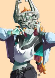 Rule 34 | 1girl, alternate costume, armpits, arms up, automatic giraffe, belt, black skin, camisole, closed mouth, collarbone, colored sclera, colored skin, green skin, highres, jacket, jewelry, long hair, long sleeves, looking to the side, low-tied long hair, midna, midriff, multicolored skin, navel, nintendo, one eye covered, open clothes, open jacket, orange hair, pointy ears, red eyes, ring, simple background, smile, solo, spaghetti strap, stomach, the legend of zelda, the legend of zelda: twilight princess, two-tone skin, upper body, very long hair, yellow sclera