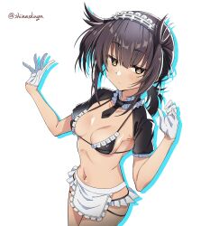 Rule 34 | 1girl, absurdres, alternate costume, apron, armpits, bikini, black bikini, black necktie, breasts, brown hair, cleavage, closed mouth, cowboy shot, frilled bikini, frills, from above, gloves, hatsuzuki (kancolle), highres, kantai collection, liking, looking at viewer, maid, maid bikini, maid headdress, micro bikini, navel, necktie, short hair, simple background, small breasts, solo, swimsuit, unconventional maid, white apron, white background, white gloves, yellow eyes