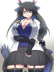 Rule 34 | 1girl, black dragon (kemono friends), black hair, breasts, c:, cleavage, coat, doctor, dragon girl, dragon horns, dragon tail, elbow gloves, fingerless gloves, gloves, grey eyes, grey horns, highres, horns, huge breasts, kemono friends, kemono friends 3, lab coat, long hair, looking at viewer, mo23, multicolored horns, multiple horns, open clothes, open coat, purple horns, shirt, simple background, skirt, smile, solo, stethoscope, tail, thick thighs, thighhighs, thighs, white coat