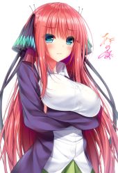 Rule 34 | 1girl, black ribbon, blue eyes, blunt bangs, blush, breasts, butterfly hair ornament, cardigan, crossed arms, go-toubun no hanayome, green skirt, hair ornament, hime cut, large breasts, long hair, looking at viewer, nakano nino, open cardigan, open clothes, pink hair, purple cardigan, ribbon, shirt, simple background, skirt, twintails, white background, white shirt, yunagi amane