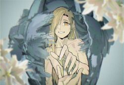 Rule 34 | 1boy, alphonse elric, arm at side, armor, back-to-back, blonde hair, blurry, blurry background, cheekbones, collarbone, commentary, depth of field, dissolving, doya, english commentary, fingernails, flower, full armor, fullmetal alchemist, grey background, hair over one eye, happy, highres, lily (flower), long fingernails, long hair, looking afar, male focus, nude, outstretched hand, parted lips, pov, pov hands, reaching, reaching towards viewer, sharp fingernails, simple background, skinny, smile, straight hair, white flower, yellow eyes
